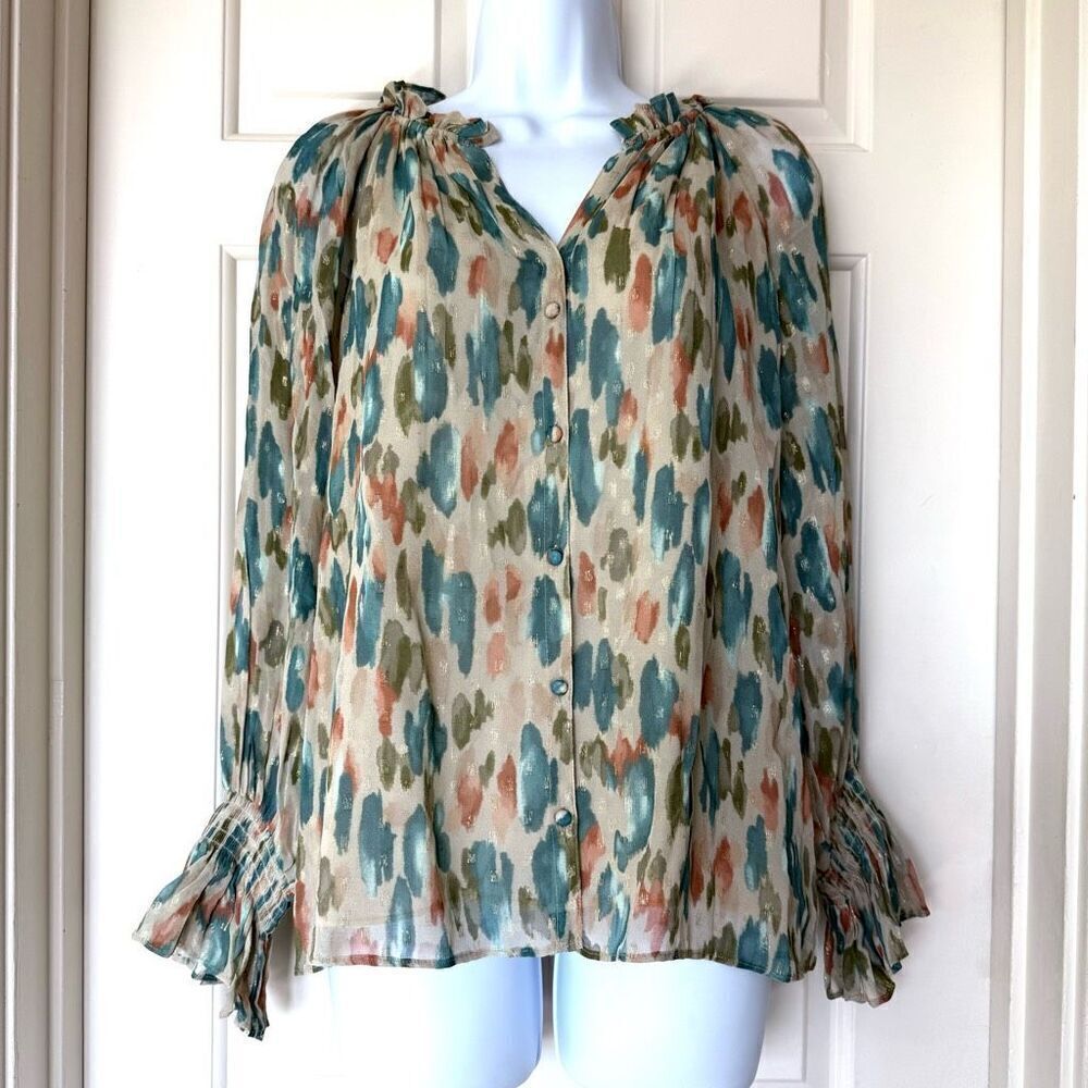 NWOT Ramy Brook Taryn Abstract Print Metallic Dot Flowy Blouse